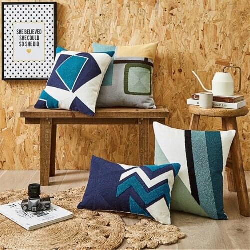 Nordic Blue Cushion Cover Embroidery Geometric Pillow Cover Cotton Canvas Home Decoration Living Room Sofa Funda Cojin Almofadas