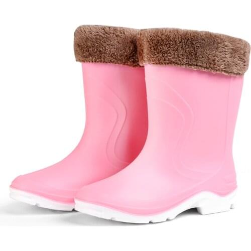 Women Autumn Non-Slip Waterproof anti-slip Water Shoes Wellies Mid-Calf Rain Boots Woman Plush Warm Rainboots Rubber overshoes