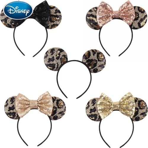 Disney Mickey Headwear Popular Leopard Sequins Mouse Ear Women&Girl Hairband Handmade DIY Hair Accessories Headband