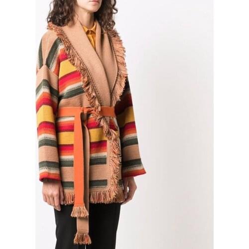 Flordevida Striped Fringed Cardigan women cartoon knit cardigan sweater coat winter cashmere cardigan belt tied long cardigan