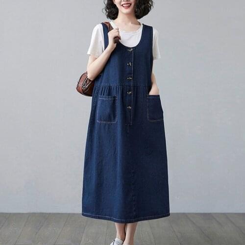2021 Summer New Dark Blue Denim Dress Womens Loose Sleeveless Vest Dress Big Pockets Single Breasted Long Jeans Vestidos aq583