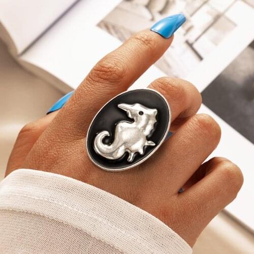 HuangTang 2021 NEW Design Hippocampus Joint Ring for Women Geometric Black Dripping Oil Animal Ring Party Jewelry Accessories