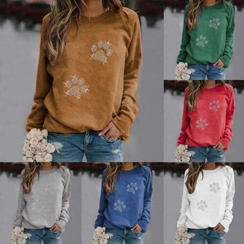 1PC Ladies Fashionable Casual Temperament Tops Shirt Dog Pawprinted Round Neck Long Sleeve Blouse Pullover Simplicity Sweatshirt