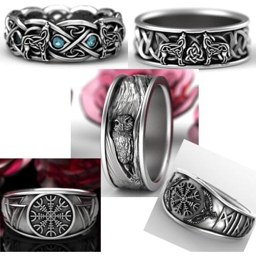 5 Style Punk Plated Sliver Wolf Head Owl Rings Male Female Party Jewelry Crow Compass Rings