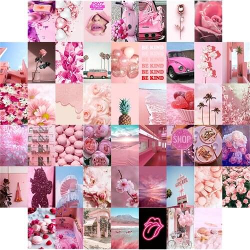 50Pcs Fresh Pink Girl Style Series Postcard Wall Sticker Set Rose Car Tennis Ball Macaron Picture Wall Collage Room Decoration