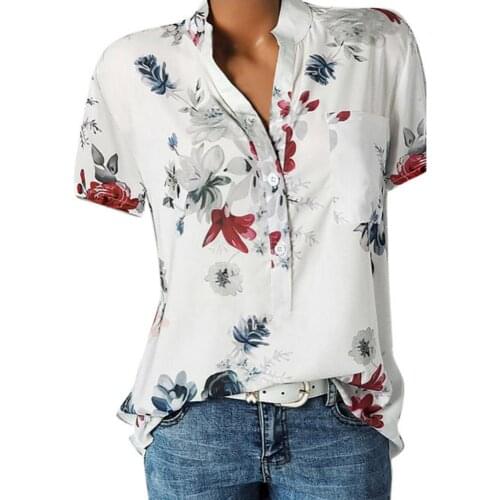 70% Hot Sell Plus Size Summer Women Flower Print Patch Pocket Short Sleeve V Neck Blouse Top