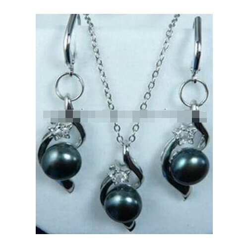 Free shipping luxury Noble jewelry Natural Black Akoya Cultured pearl Earrings Pendant Necklace Set AAA Grade