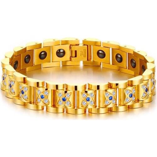 Luxury Gold Stainless Steel Bracelet Health Care Power Therapy Magnet Stone Couple Bracelets for Women Shiny AAA+ CZ Accessories