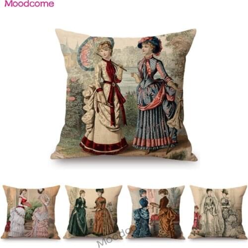 Elegant European Victoria Era Fashion Duchess Ladies Vintage Poster Royal Home Decorative Sofa Pillow Case Linen Cushion Cover