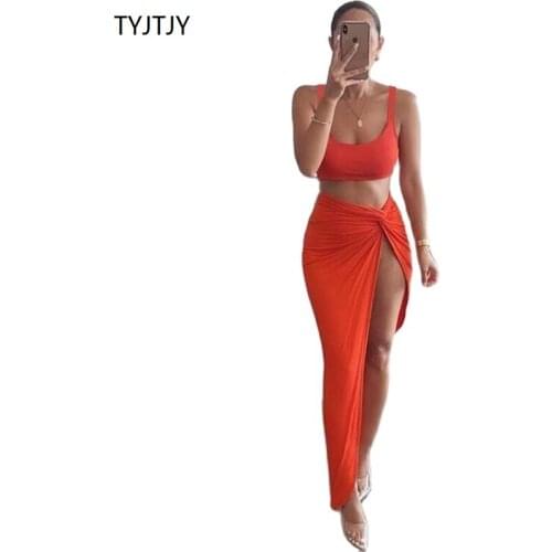 TYJTJY Sexy Party 2 Piece Set Women 2021 Plus Size Crop Top Twist Side Split Long Skirts Matching Sets Club Two Piece Outfits