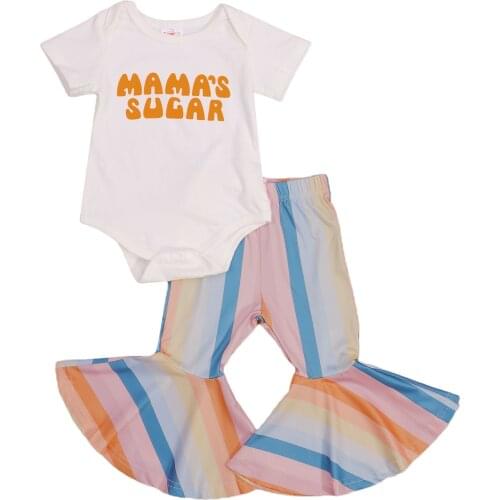 2021 3-24M Newborn Baby Girl Clothes Set Letter Print Short Sleeve Romper+Striped Print Flare Pants Summer 2pcs Outfits Set