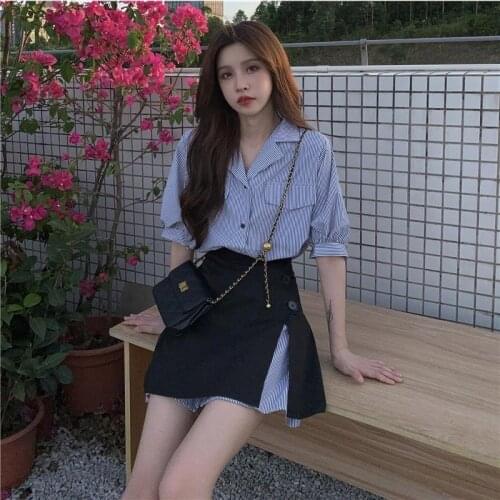 [Two-piece Suit] New Summer Loose and Thin Sweet Short-sleeved Shirt Dress + High Waist Split Skirt