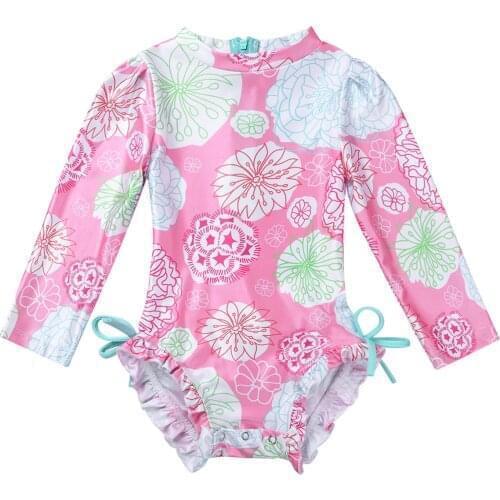 Infant Baby Girls Summer Swimwear Beachwear Long Sleeves Floral Printed Back Zipper Swimsuits Swimming Bathing Suit Rash Guard