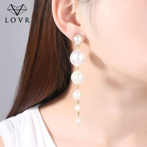 LOVR Trendy Elegant Created Big Simulated Pearl Long Earrings Pearls String Statement Drop Earrings For Wedding Party Gift 2020