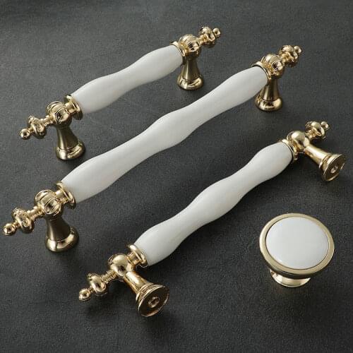 Fashion Ceramic Cabinet Handles Golden Kitchen Cupboard Door Handles Drawer Knobs European White Furniture Pulls