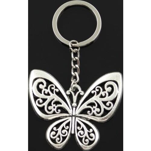 Fashion 30mm Key Ring Metal Key Chain Keychain Jewelry Antique Bronze Silver Color Plated Hollow Butterfly 50x57mm Pendant