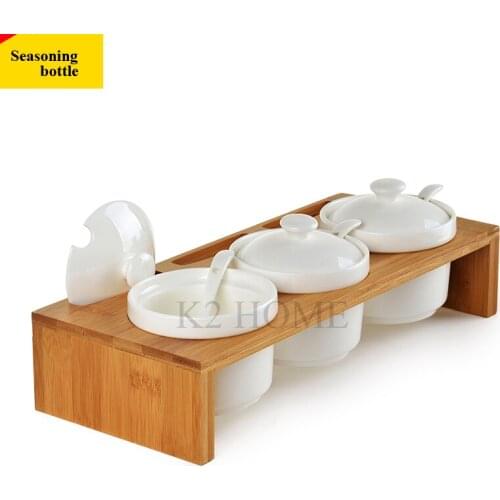 Pack of 3Pcs Ceramic Seasoning Rack Spice Pot Bowls with Spoon & Porcelain Box Bamboo Holder Storage Container Condiment Jars