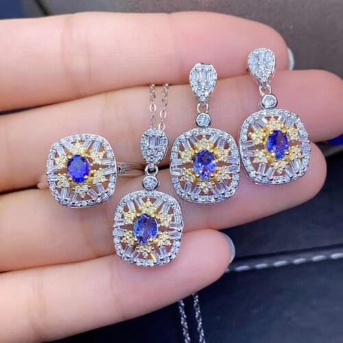 New Fashion Real Natural Tanzanite jewelry set Natural Real Tanzanite 925 sterling silver 1pc pendant,1pc ring,2pcs Earring