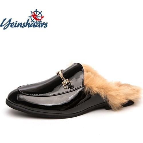 YEINSHAARS Winter New Real Fur Warm Snow Shoes Men Lazy Shoes Loafers Comfort Moccasins Furry Slides Fluffy Hairy Flip Flops