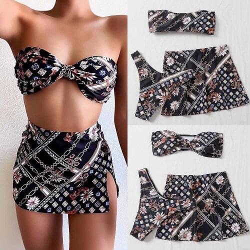 New Three-piece Cheap Bikini Sexy Printed Ruffle Swimwear Wholesale Ladies Solid Color Floral Bikinis