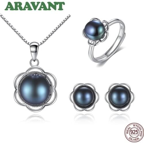 Retro Pearl Jewelry Set For Women 925 Sterling Silver Natural Pearls Flower Necklace Earring Open Ring