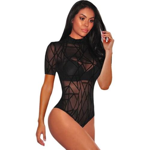 New Women Bodysuits Fashion Sexy Pajamas Tight One-piece Pajamas High-necked Short-sleeved Pajamas,Hollow Mesh One-piece Pajamas