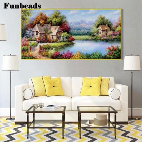 Full square pastoral artwork diamond painting DIY round diamond embroidery flower, lake and house Mosaic wall art FF3867