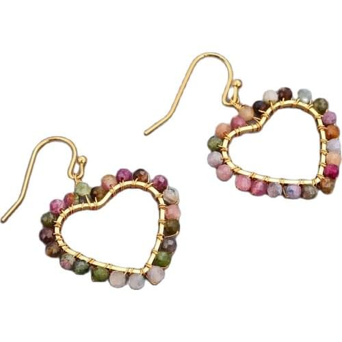 JK Natural Rainbow Tourmaline Gold Color Heart Hoop Earrings Hook Earrings For Women Gift