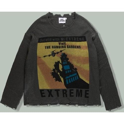 Hip Hop Airplane Print Tattered Sweater Mens Harajuku Streetwear Loose Casual Sweaters Unisex Autumn Couple Oversized Pullovers