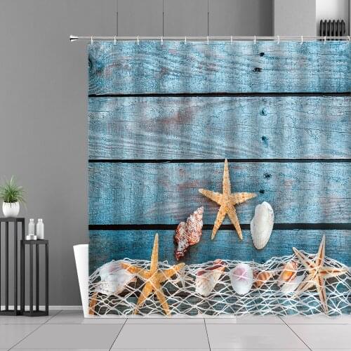 Starfish Vintage Wooden Design Shower Curtain Blue Wood Grain Childr Room Bathroom Decor Curtains Waterproof Screen Boys Gifts