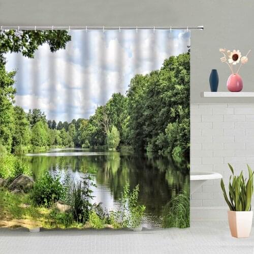 Natural Scenery Shower Curtain Waterfall Green Forest Tree Plants Color Flowers Landscape Bathroom Bathtub Decor Screen Washable