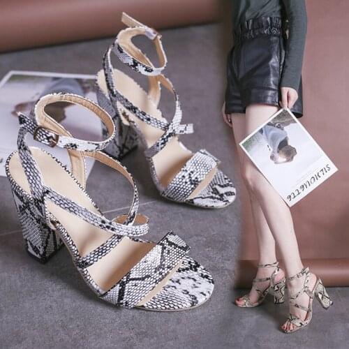 European trendy snake pattern thick high heels sandals narrow band ankle strap buckle woman shoes round toe sandalias mujer 2020