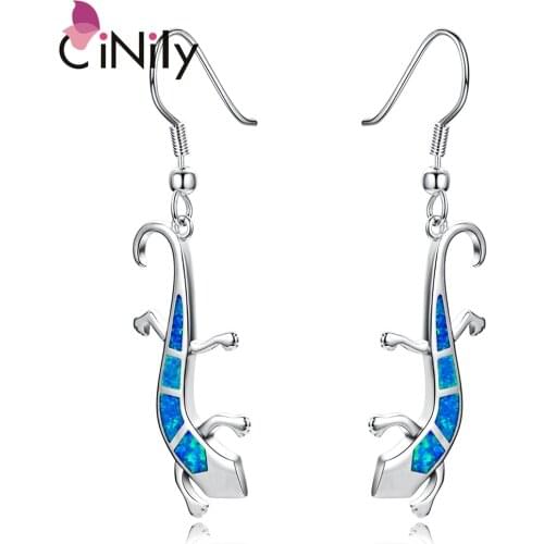 CiNily Created Blue White Orange Fire Opal Silver Plated Wholesale Gecko for Women Jewelry Party Drop Earrings 2" OH4362-64