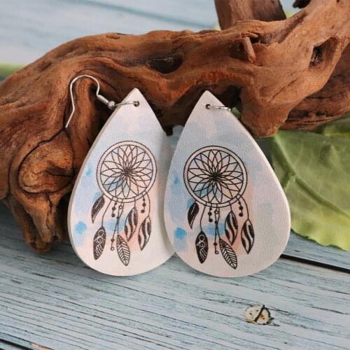 Double Side Tie Dye PU Leather Dreamcatcher Earrings for Women Fashion Feather Print Boho Jewelry Leather Earrings Wholesale