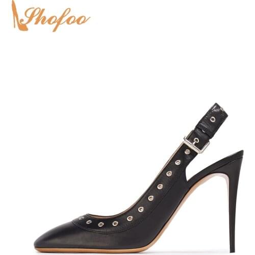 Black Stiletto High Heels Women Pumps Square Toe Slingback Buckle Strap Large Size 15 16 Ladies New Fashion Eyelets Shoes Shofoo
