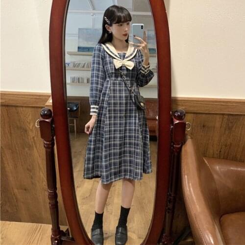 Long-Sleeve Dress Female Autumn Japanese Sweet Contrast Color Sailor Collar Bow Plaid Dress school girl uniform jk uniform
