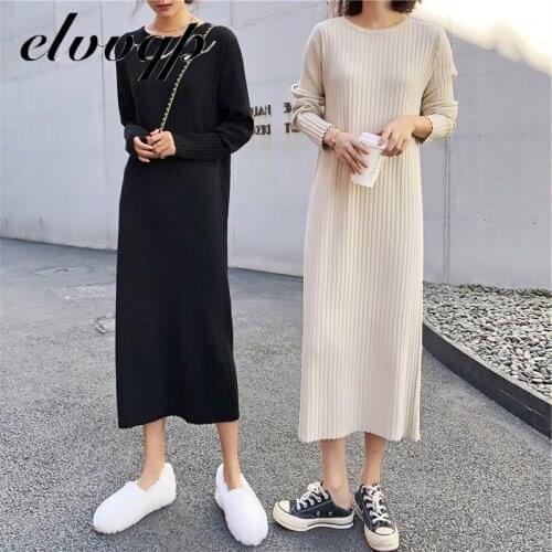 Solid Knitted Long Dress Women Autumn Winter O-neck Long Sleeve Sweater Dress Lady Loose Casual Knit Elasticity Dress Vestidos
