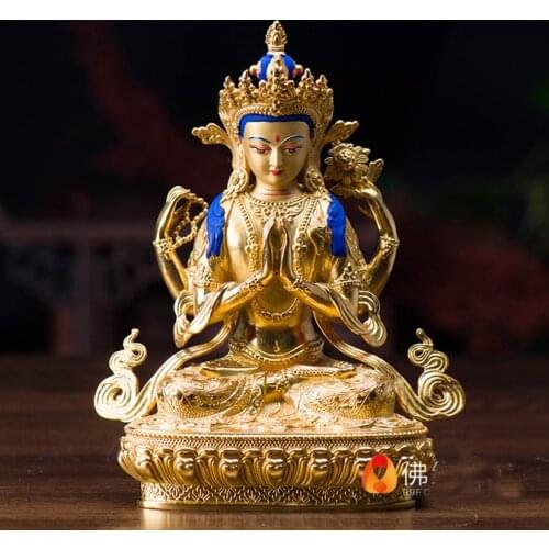 16CM - TOP -HOME Talisman Buddhism India Nepal handmade Gilding Gold-plated Shadakshari Avalokitesvara Buddha