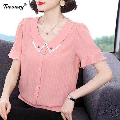 2021 Summer turn down collar Short Sleeve Shirts for Women Office Lady solid Pullover Women Blouse Chiffon Tops Blusas Mujer
