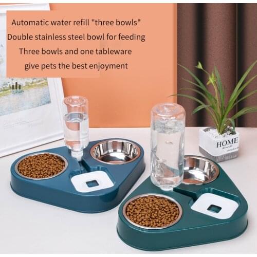 500ML 3 in 1 Dog Feeder Bowl With Dog Water Bottle Cat Automatic Drinking Bowl Cat Food Bowl Pet Stainless Steel Double 3 Bowls