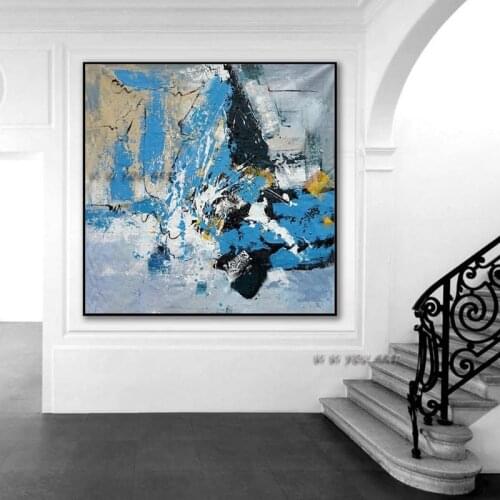 Abstract Wall Art Blue White Yellow Hand Painted Oversize Large-Square Oil Painting On Canvas Living Dining Decoration
