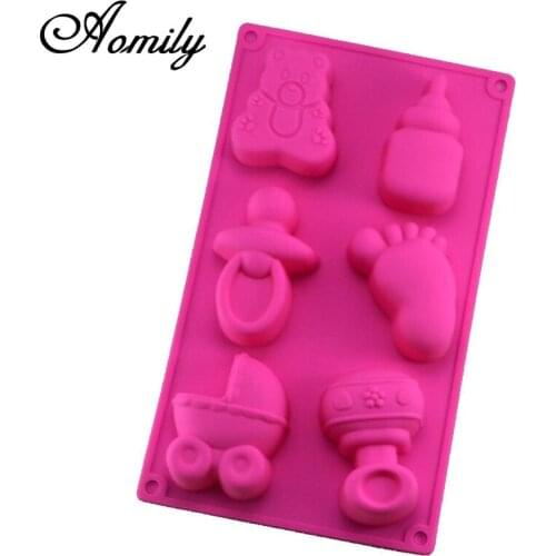 Aomily 6 Holes Chocolate Mold Cake Mould Silicone Mold Baby Stroller Pram Bottles Feet Soap Mold Cake Pudding Mould for Oven