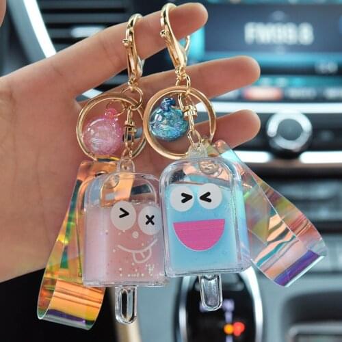 Wholesale Creative Key Chain Quicksand Keychain Cute Face Liquid Floating Ice Cream Keyring Backpack Pendant Couples Gift