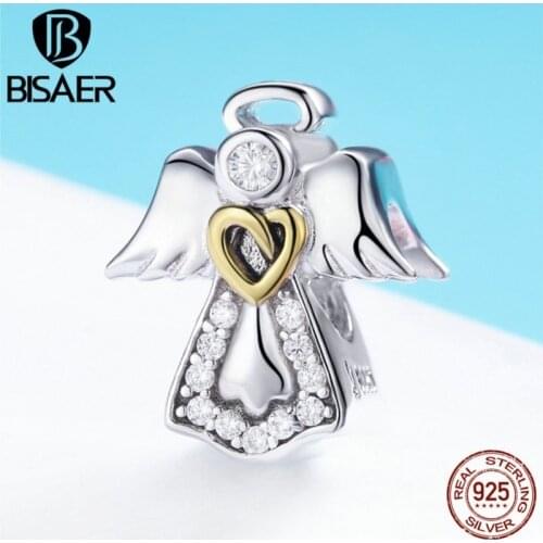 925 Sterling Silver Guardian Angel Charms Gold Heart Beads fit BISAER Bracelet for Women Silver Beads Jewelry Making ECC747