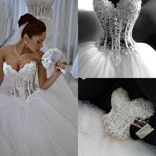 Crystal Ball Gown Corset Wedding Dress with Beadings Sweetheart Tulle Princess Bridal Gown Princess Puffy Tulle Church Bridal