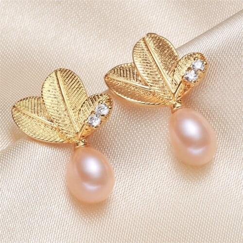 Leaf Shape Real Freshwater 6-7MM Pearl Earrings Gold Plated Earrings Nice Party Wedding Women Gift 10 pairs/lot