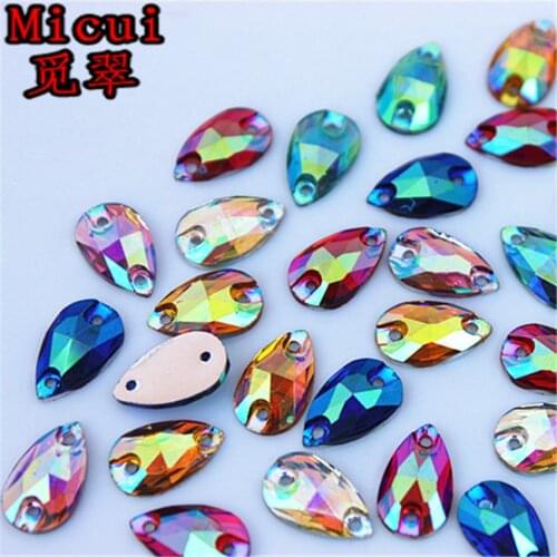 Micui 200pcs 7*12mm AB Sew on Resin Rhinestones Stones Flatback Sewing Teardrop Beads for Garment Bags DIY Decoration ZZ419