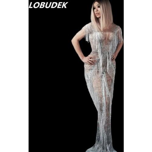 Fashion Women Silver Rhinestones Tassels Sheath Dress Floor-Length Tight Long Dress Singer Host Evening Party Bar Stage Costume