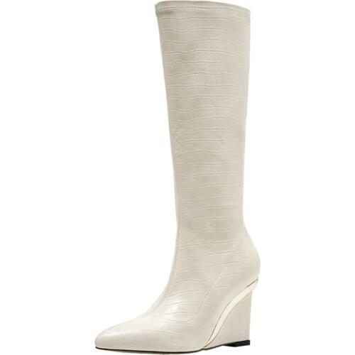 High Leather Knee Motorcycle Boots With Platform Women Winter Wedge Heel Elastic Booties Pointed Toe Cowboy Chelsea Shoes Luxury