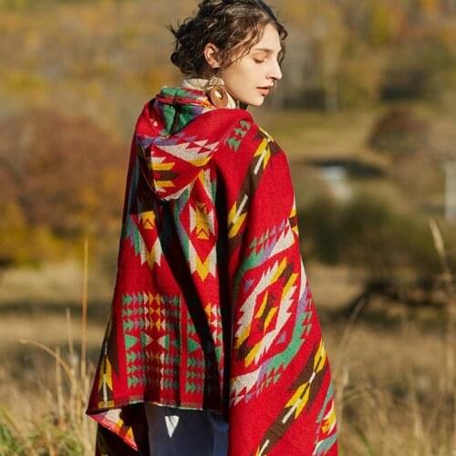 Peruvian Poncho With Red Riding Hood Women Geometric Pattern Jacquard Shawls Bohemia Retro Spring Autumn Warming Big Cape Hoodie